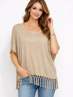 Esperanza Beige Tan Fringe Tunic Poncho Top L Boho Lightweight Sheer